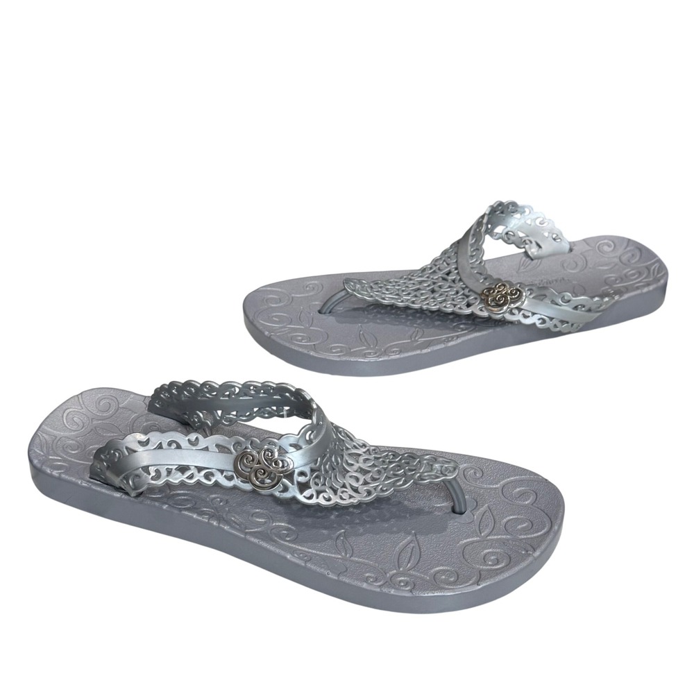 Brighton Scroll Thong Sandals Womens 9 Silver Gray Resort Y2K Jelly Flip Flops
